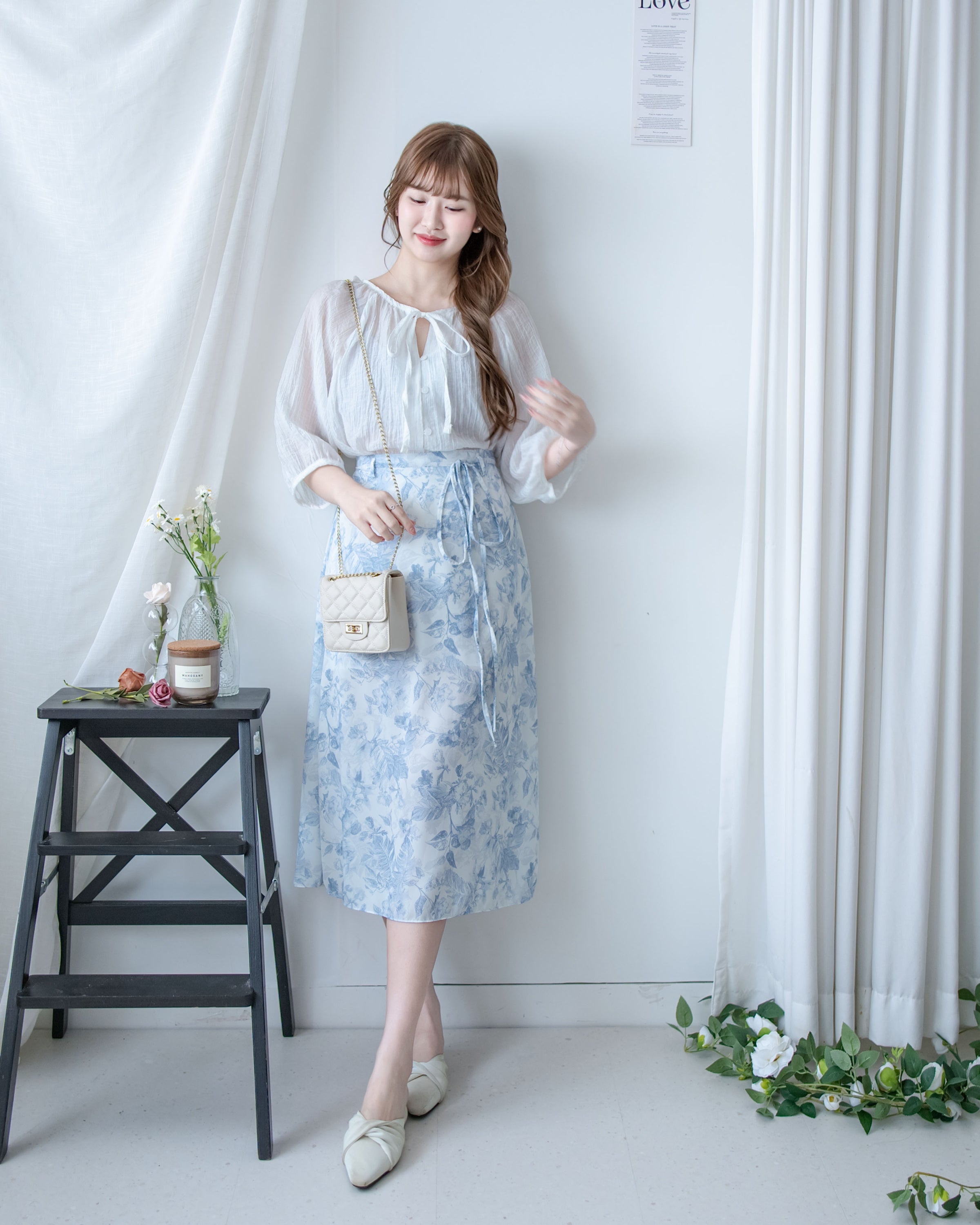 Pastel Leaf Skirt 手繪淡雅葉子印花綁帶傘A形裙/ SK8948