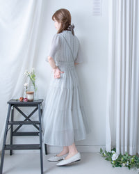 Ethnic Stripe Dress 清新條紋小花束花邊高腰連身裙/ DS1145