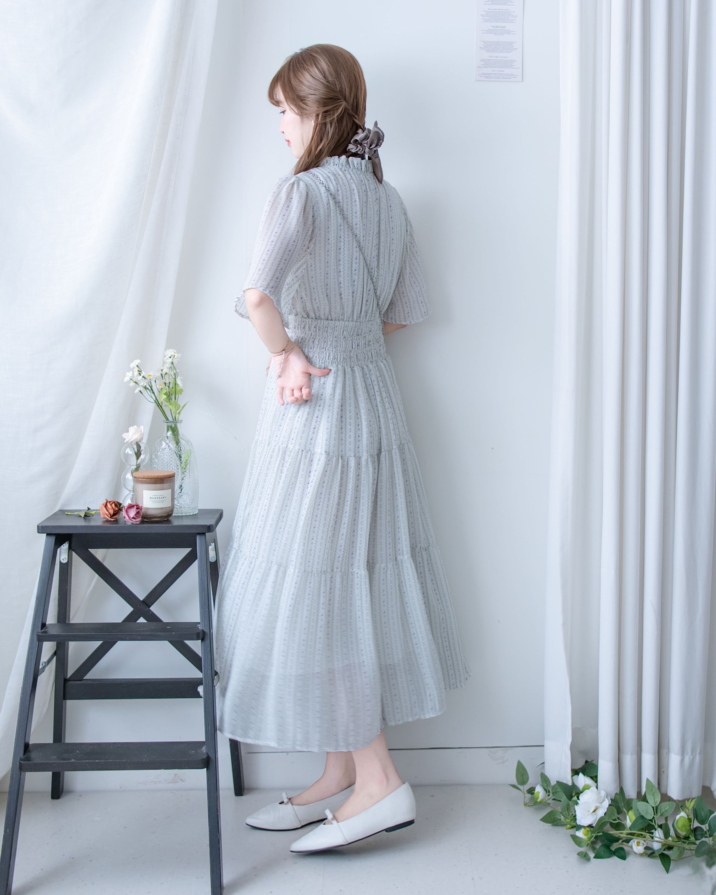 Ethnic Stripe Dress 清新條紋小花束花邊高腰連身裙/ DS1145