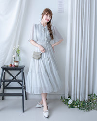 Ethnic Stripe Dress 清新條紋小花束花邊高腰連身裙/ DS1145