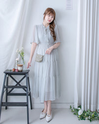Ethnic Stripe Dress 清新條紋小花束花邊高腰連身裙/ DS1145