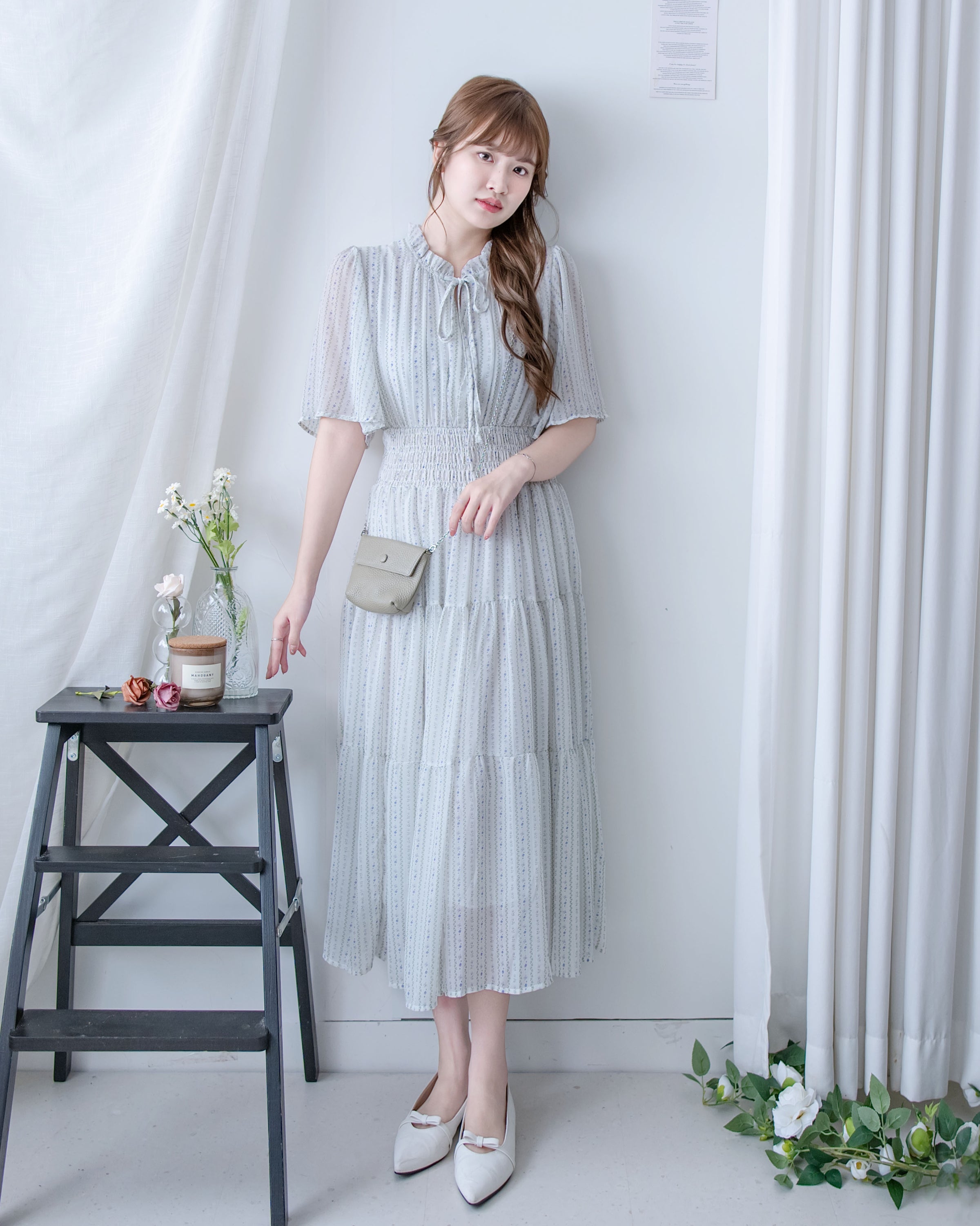 Ethnic Stripe Dress 清新條紋小花束花邊高腰連身裙/ DS1145