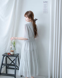 Ethnic Stripe Dress 清新條紋小花束花邊高腰連身裙/ DS1145