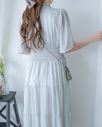 Ethnic Stripe Dress 清新條紋小花束花邊高腰連身裙/ DS1145