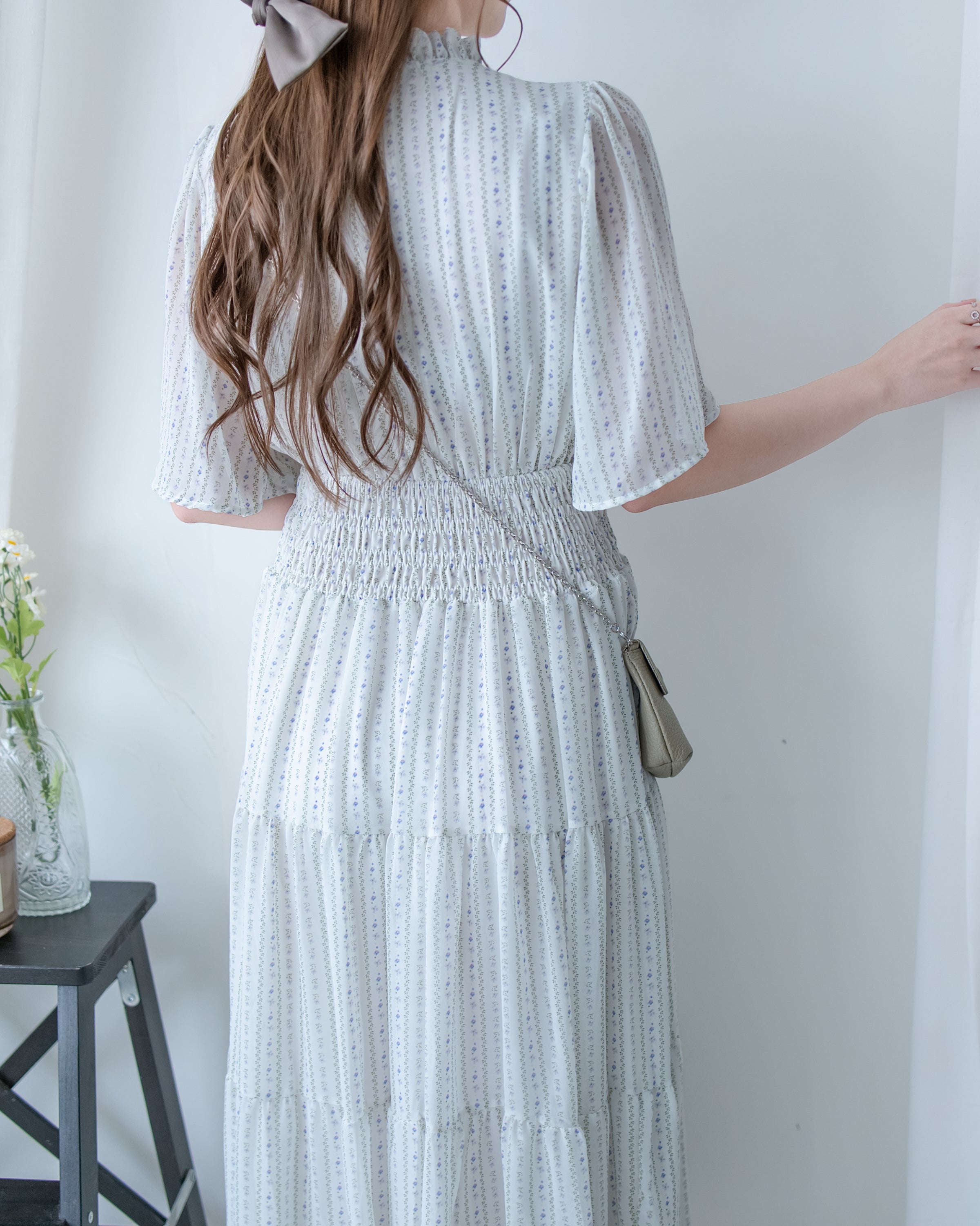 Ethnic Stripe Dress 清新條紋小花束花邊高腰連身裙/ DS1145
