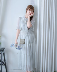 Ethnic Stripe Dress 清新條紋小花束花邊高腰連身裙/ DS1145