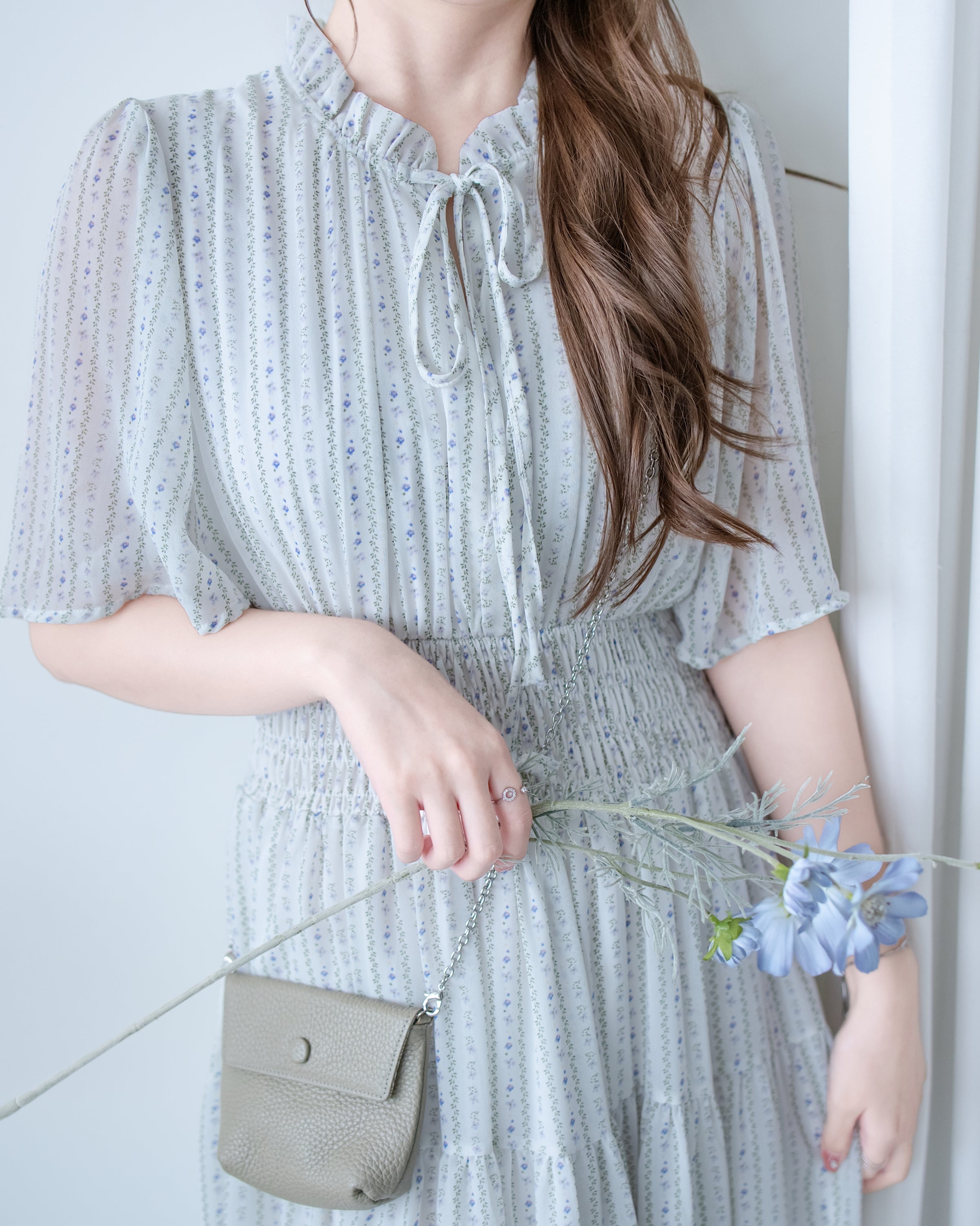 Ethnic Stripe Dress 清新條紋小花束花邊高腰連身裙/ DS1145