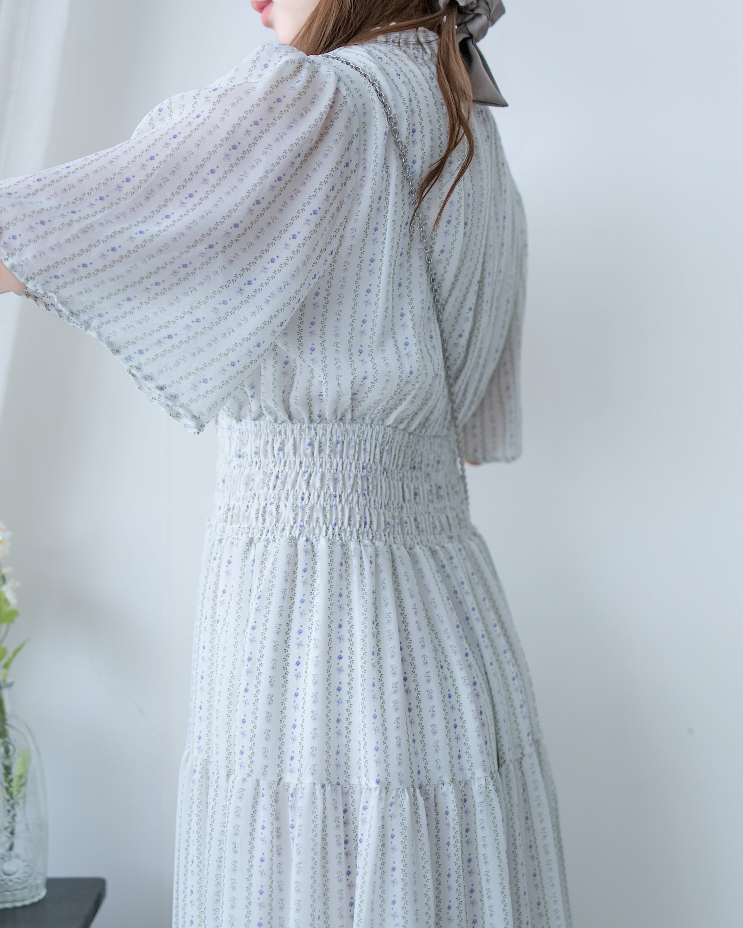 Ethnic Stripe Dress 清新條紋小花束花邊高腰連身裙/ DS1145
