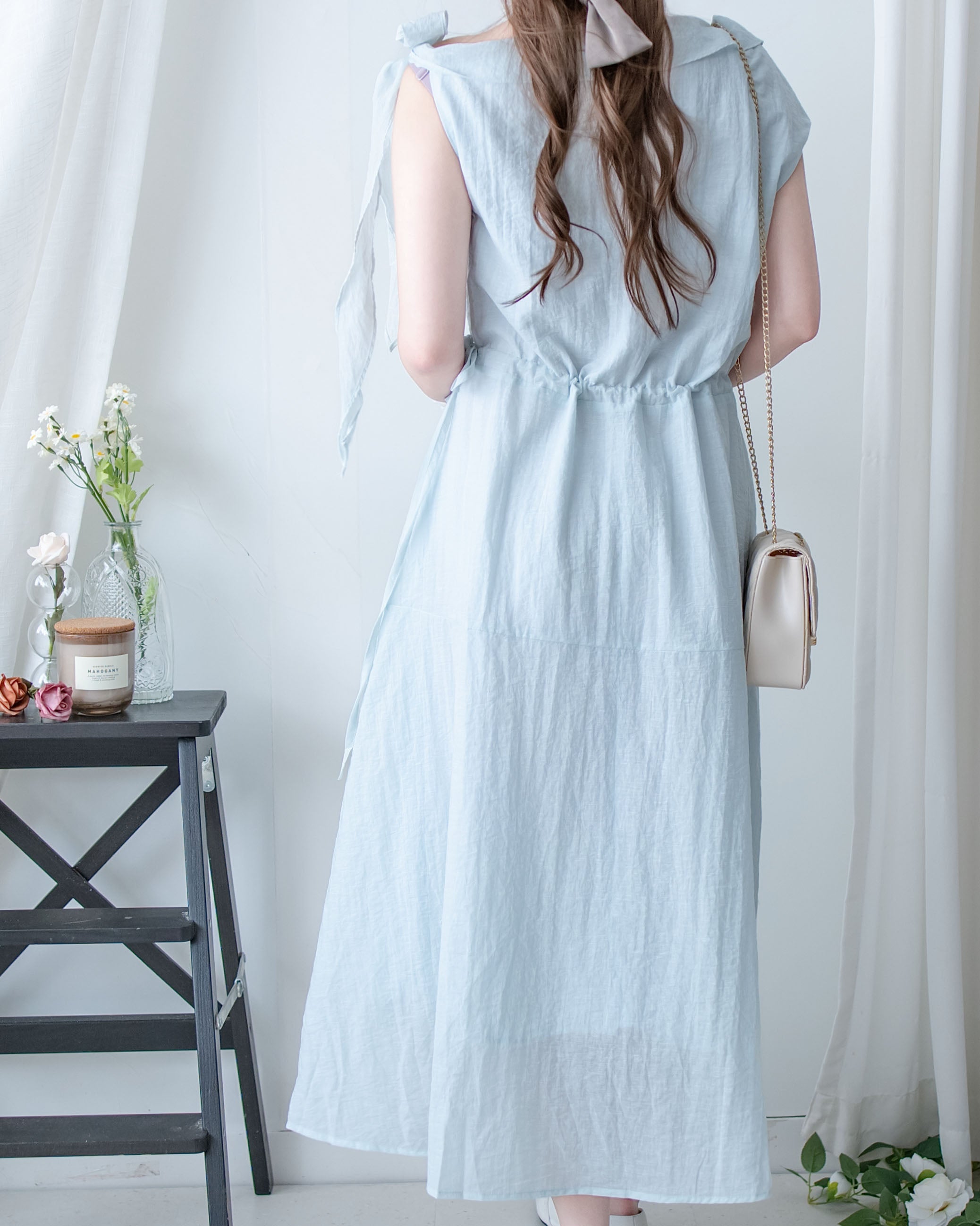 Ribbon Scarf Dress 垂墜絲帶船領輕盈浪漫連身裙/ DS1150