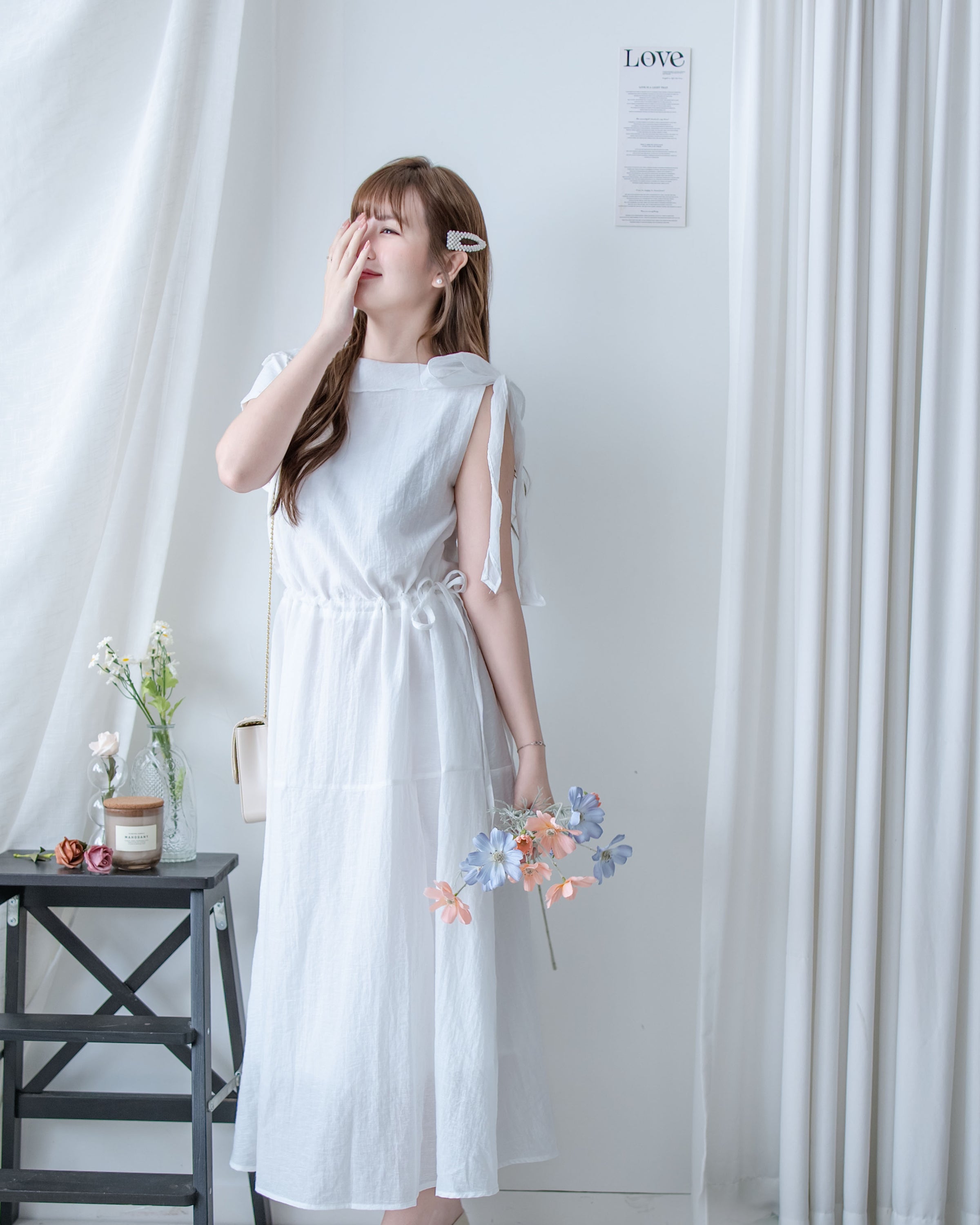 Ribbon Scarf Dress 垂墜絲帶船領輕盈浪漫連身裙/ DS1150