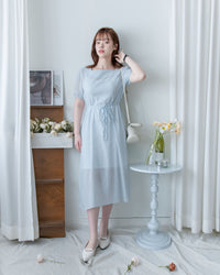（附送打底裙）Dot Dress 暗條紋棉質方領點紋顯瘦腰線連身裙/ DS1146