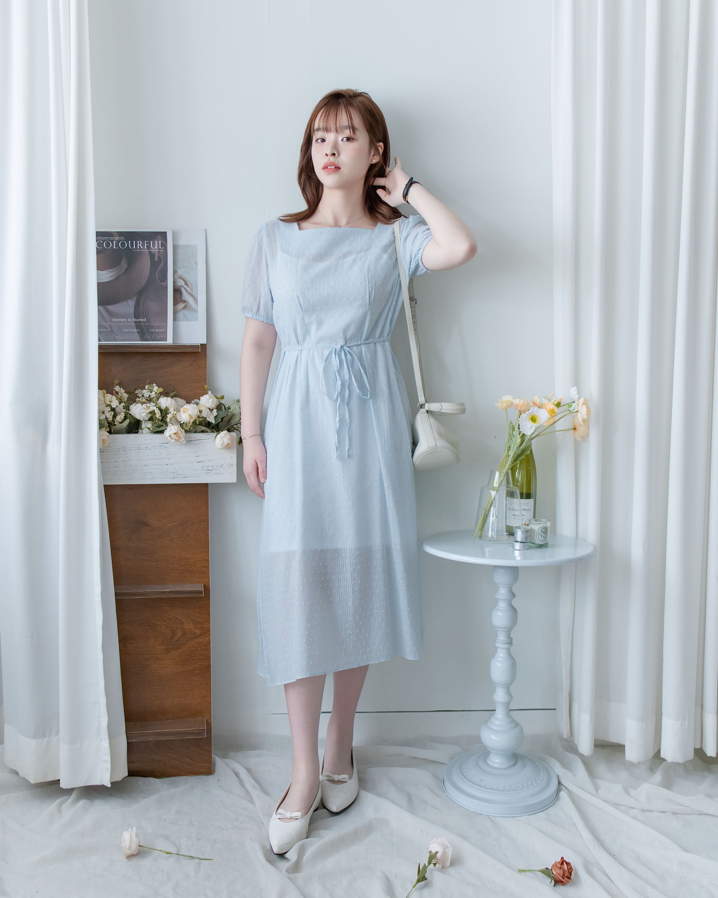 （附送打底裙）Dot Dress 暗條紋棉質方領點紋顯瘦腰線連身裙/ DS1146