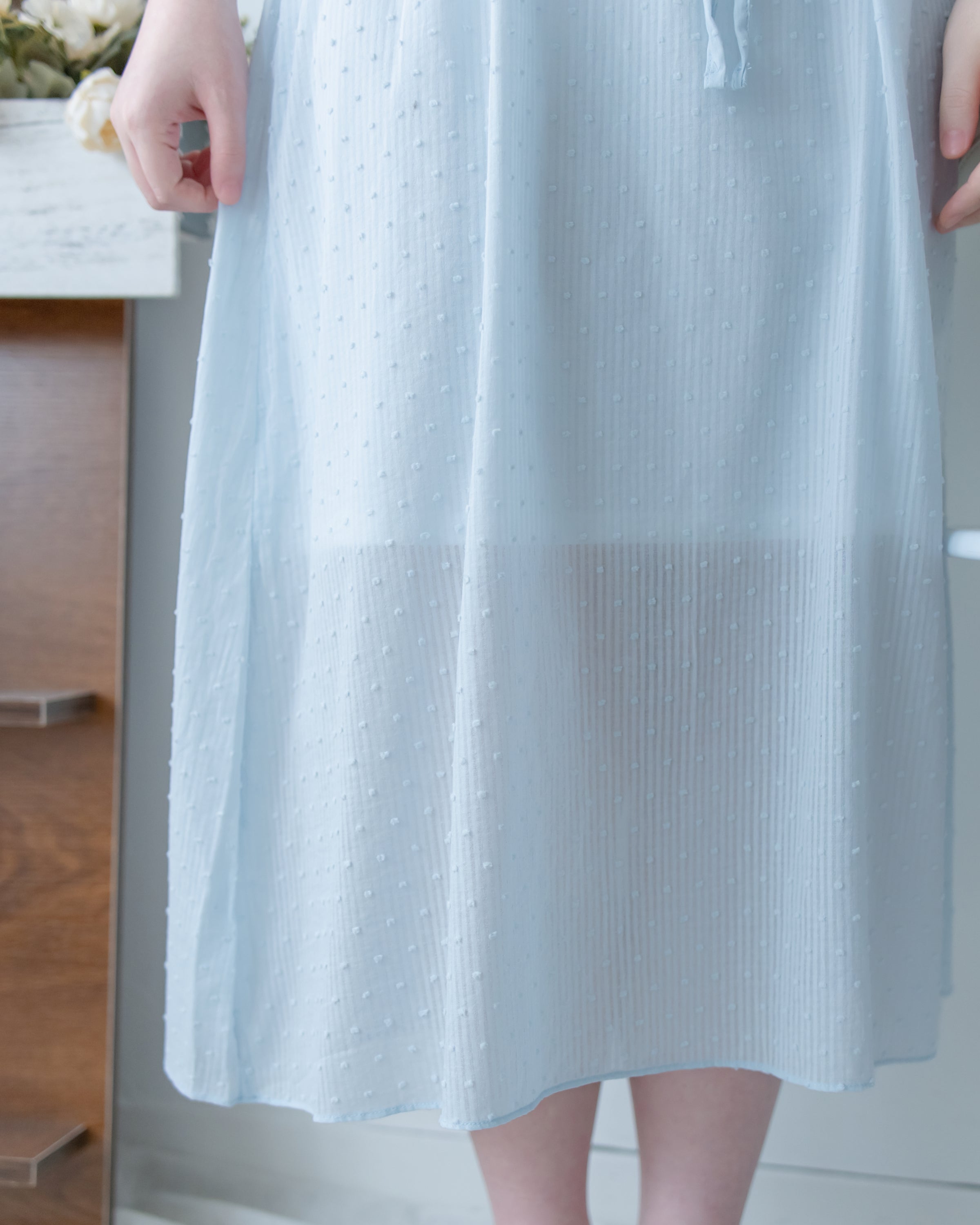 （附送打底裙）Dot Dress 暗條紋棉質方領點紋顯瘦腰線連身裙/ DS1146