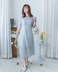 （附送打底裙）Dot Dress 暗條紋棉質方領點紋顯瘦腰線連身裙/ DS1146