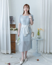 （附送打底裙）Dot Dress 暗條紋棉質方領點紋顯瘦腰線連身裙/ DS1146
