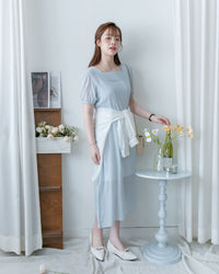 （附送打底裙）Dot Dress 暗條紋棉質方領點紋顯瘦腰線連身裙/ DS1146