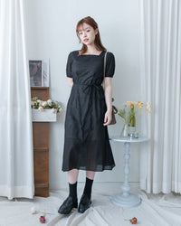 （附送打底裙）Dot Dress 暗條紋棉質方領點紋顯瘦腰線連身裙/ DS1146