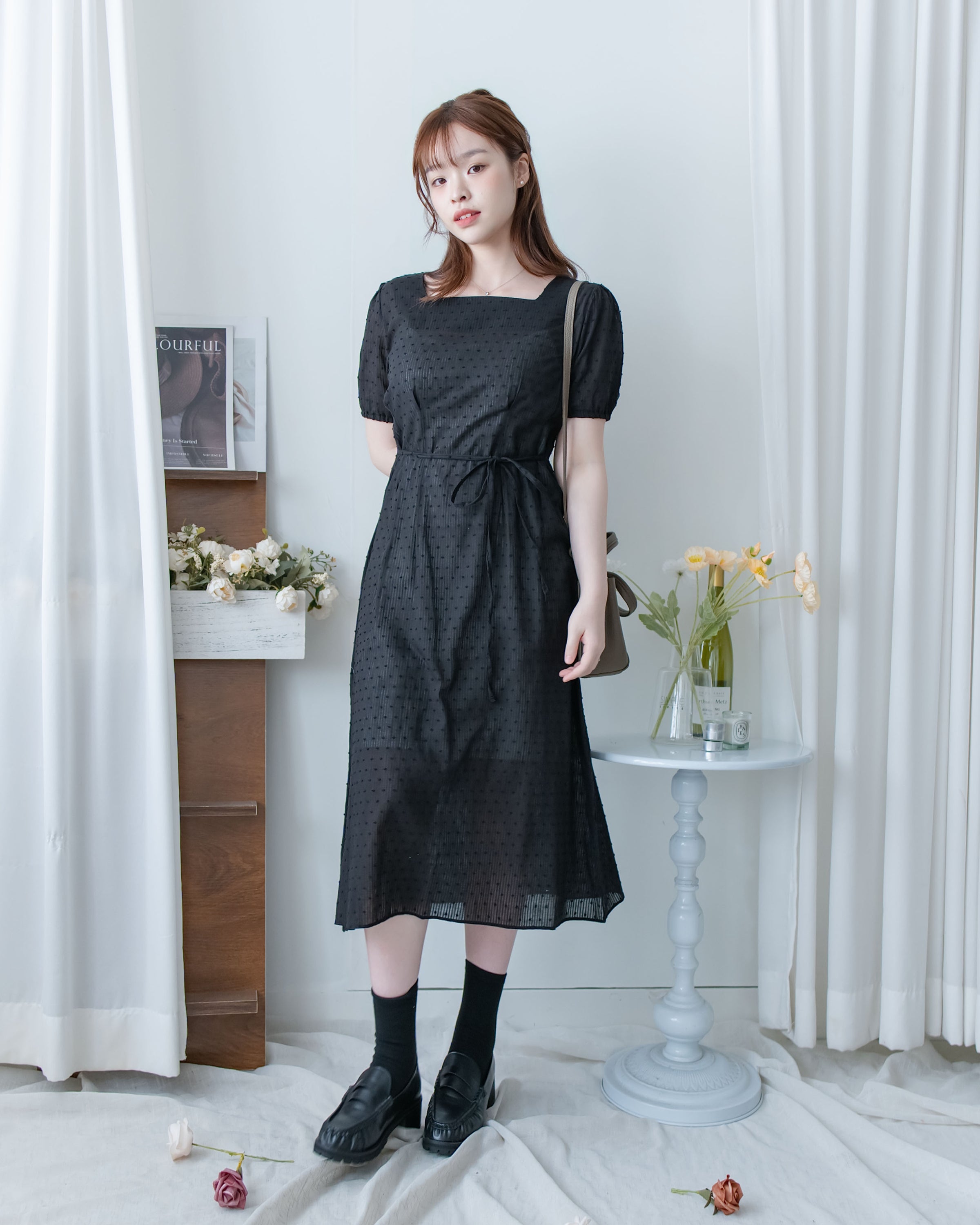 （附送打底裙）Dot Dress 暗條紋棉質方領點紋顯瘦腰線連身裙/ DS1146