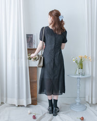 （附送打底裙）Dot Dress 暗條紋棉質方領點紋顯瘦腰線連身裙/ DS1146