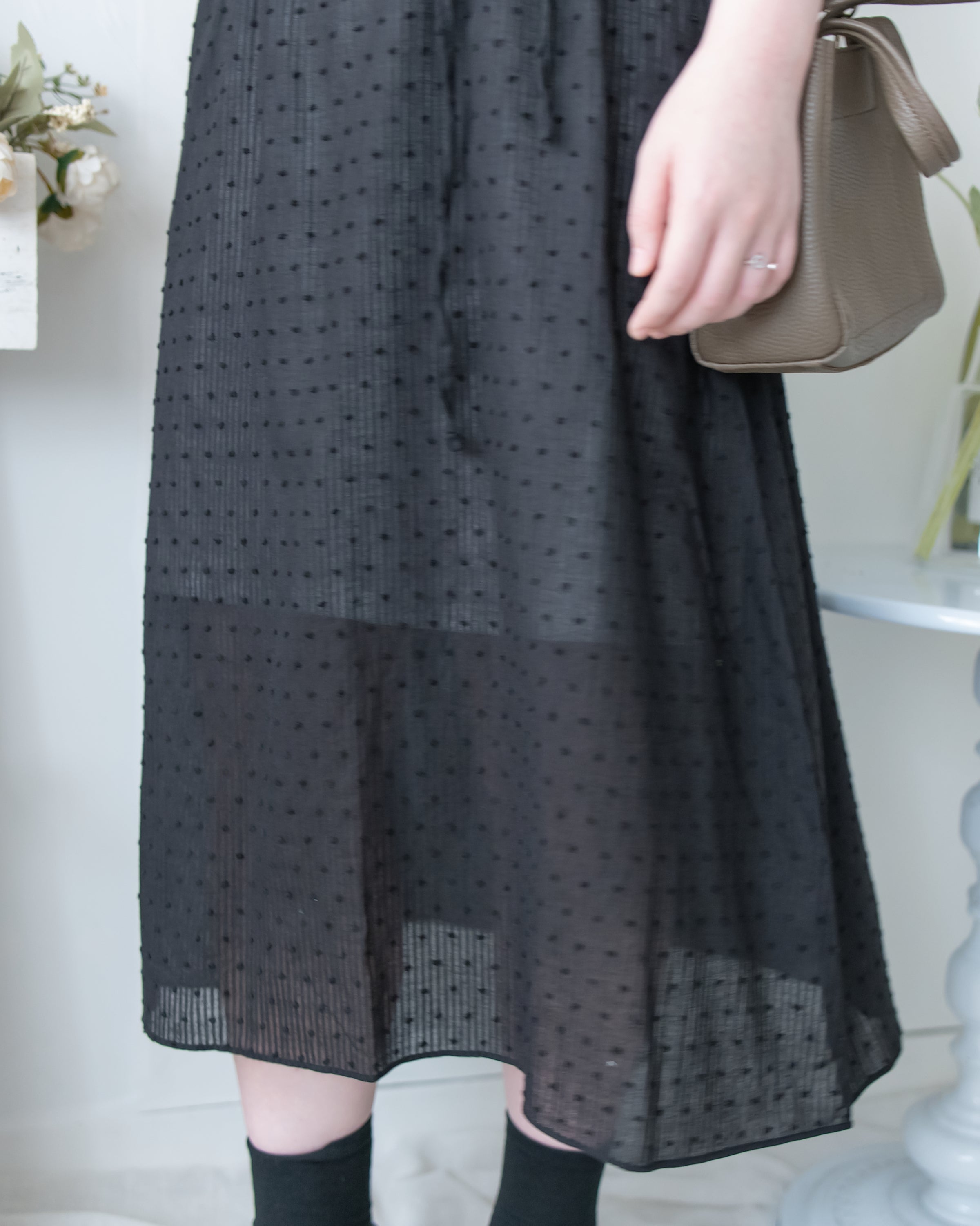 （附送打底裙）Dot Dress 暗條紋棉質方領點紋顯瘦腰線連身裙/ DS1146