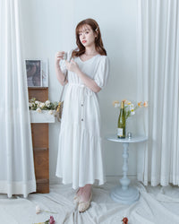 V Fine Belt Dress 法式暗條紋防皺V領拼接裙擺連衣裙/ DS1152