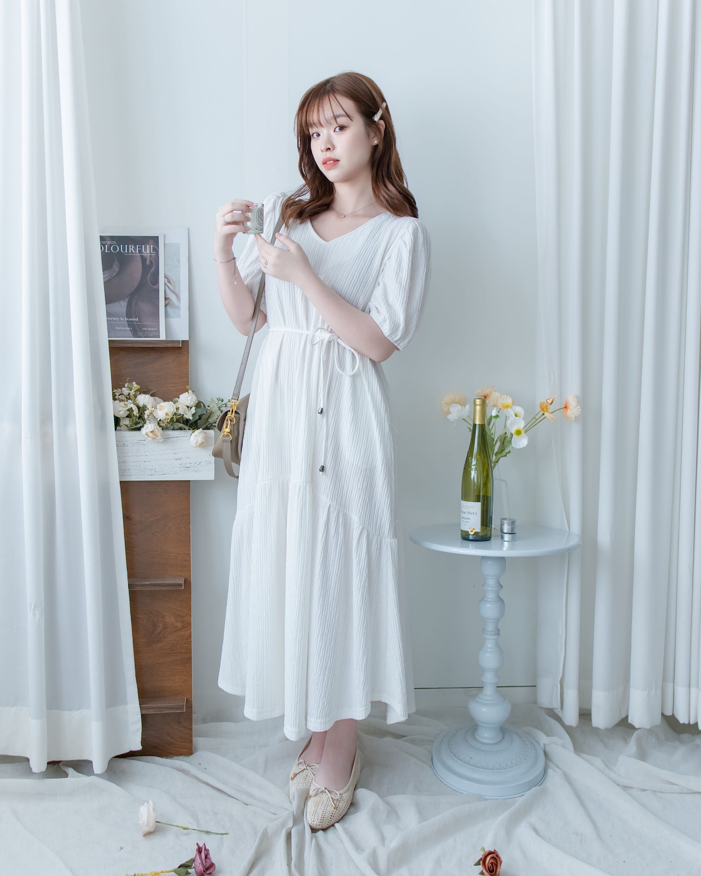 V Fine Belt Dress 法式暗條紋防皺V領拼接裙擺連衣裙/ DS1152