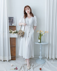 V Fine Belt Dress 法式暗條紋防皺V領拼接裙擺連衣裙/ DS1152