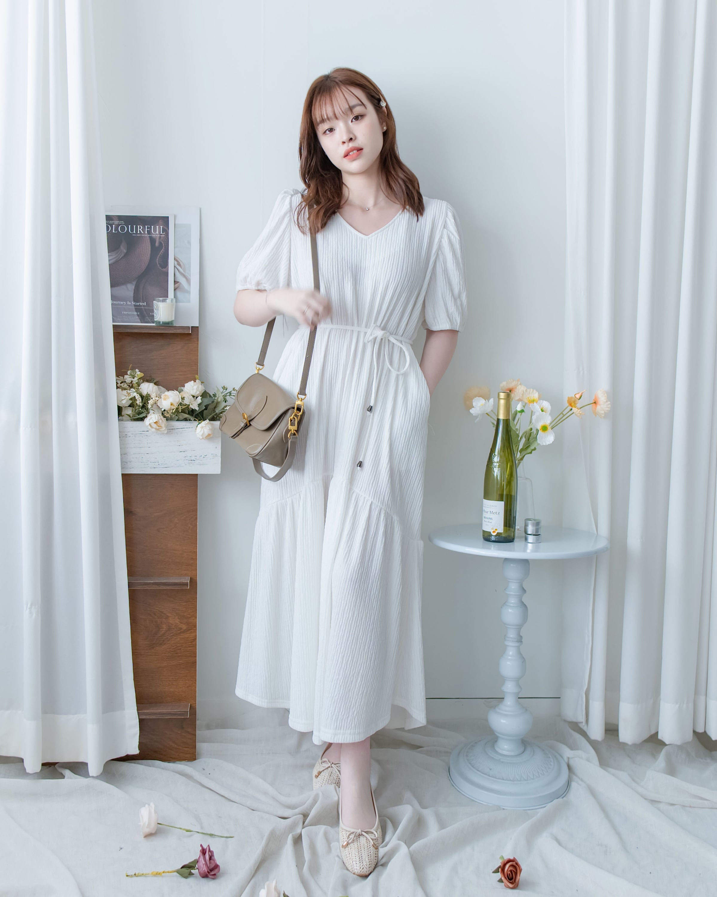V Fine Belt Dress 法式暗條紋防皺V領拼接裙擺連衣裙/ DS1152