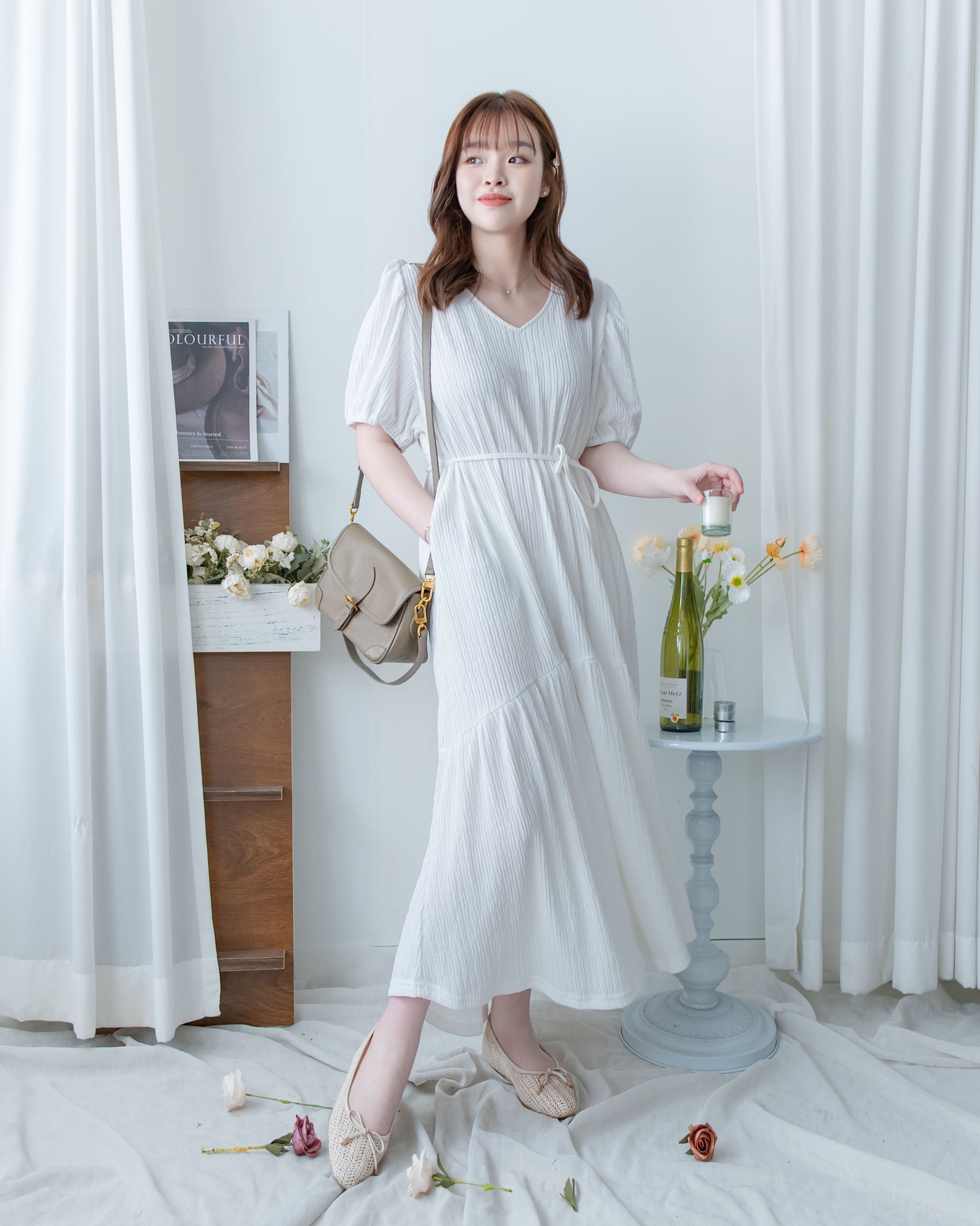 V Fine Belt Dress 法式暗條紋防皺V領拼接裙擺連衣裙/ DS1152