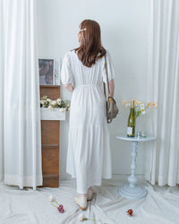 V Fine Belt Dress 法式暗條紋防皺V領拼接裙擺連衣裙/ DS1152