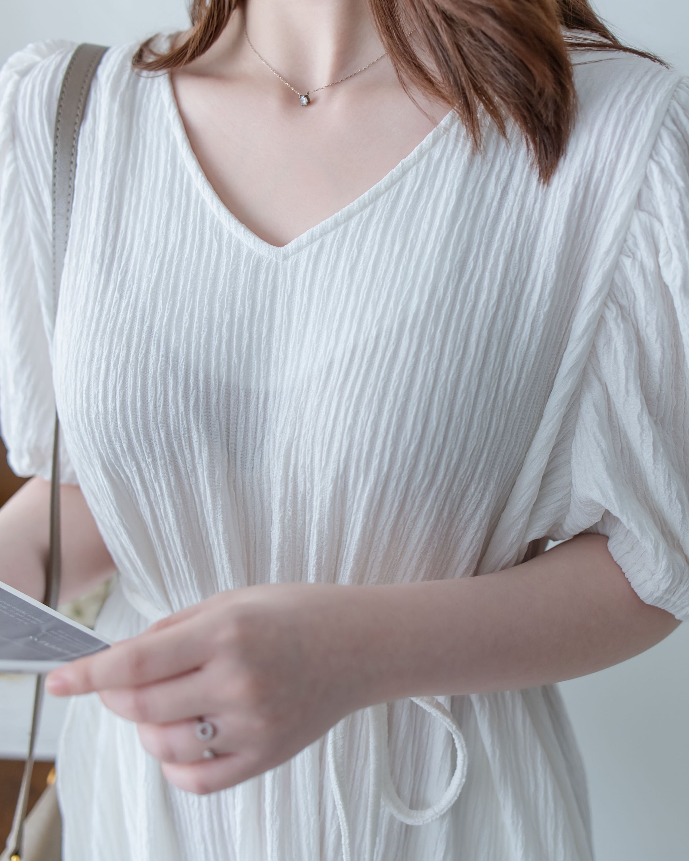 V Fine Belt Dress 法式暗條紋防皺V領拼接裙擺連衣裙/ DS1152