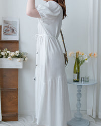 V Fine Belt Dress 法式暗條紋防皺V領拼接裙擺連衣裙/ DS1152