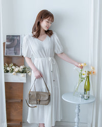 V Fine Belt Dress 法式暗條紋防皺V領拼接裙擺連衣裙/ DS1152
