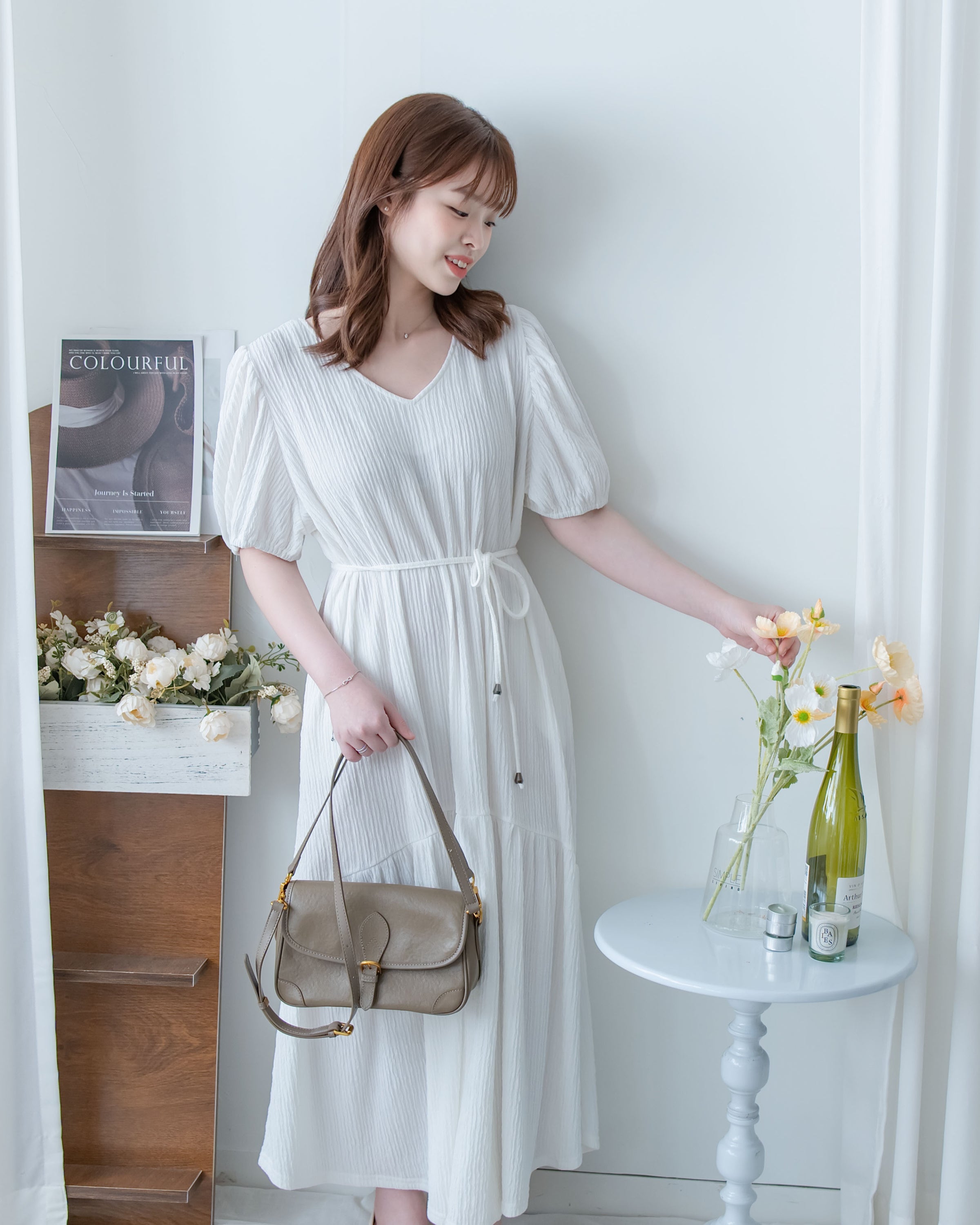 V Fine Belt Dress 法式暗條紋防皺V領拼接裙擺連衣裙/ DS1152
