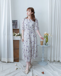 Acasia Dress 淡雅花束防皺暗格紋修腰連身裙/ DS1147