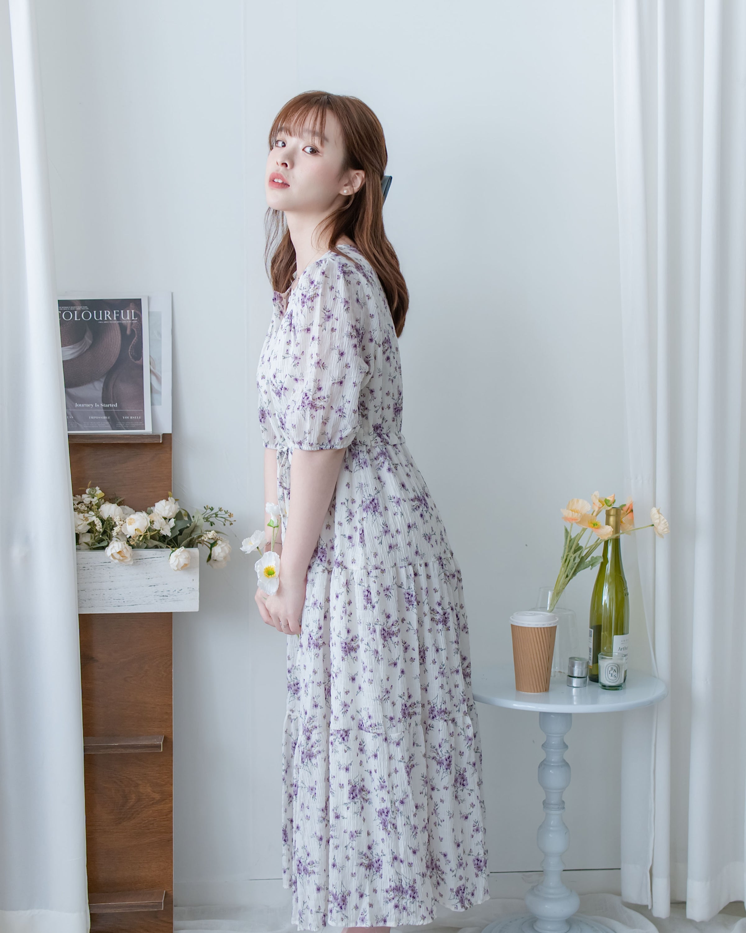 Acasia Dress 淡雅花束防皺暗格紋修腰連身裙/ DS1147