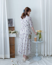 Acasia Dress 淡雅花束防皺暗格紋修腰連身裙/ DS1147