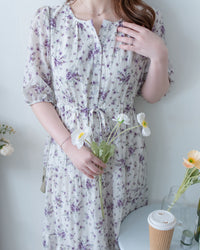 Acasia Dress 淡雅花束防皺暗格紋修腰連身裙/ DS1147