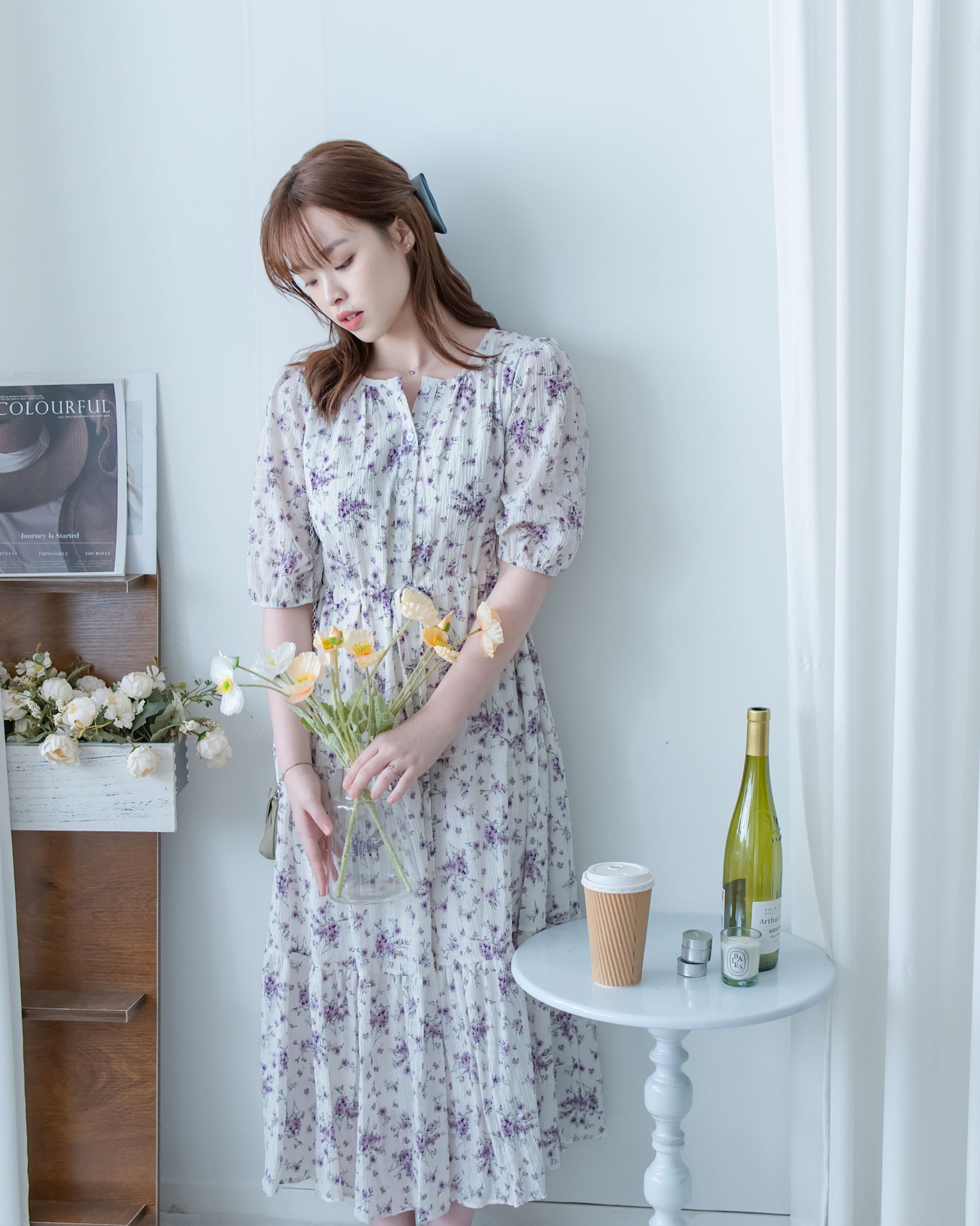 Acasia Dress 淡雅花束防皺暗格紋修腰連身裙/ DS1147