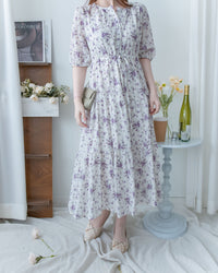 Acasia Dress 淡雅花束防皺暗格紋修腰連身裙/ DS1147