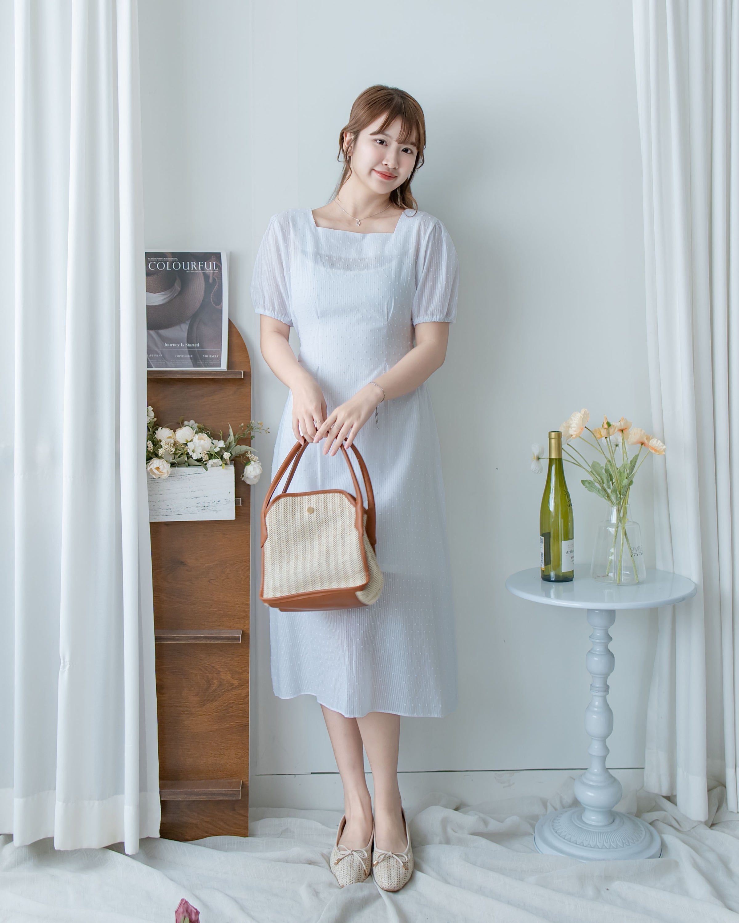 （附送打底裙）Dot Dress 暗條紋棉質方領點紋顯瘦腰線連身裙/ DS1146