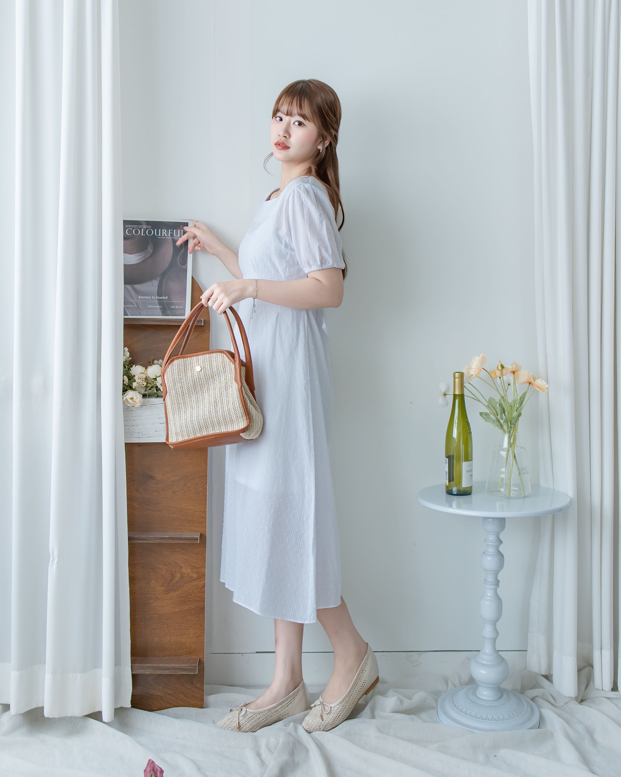（附送打底裙）Dot Dress 暗條紋棉質方領點紋顯瘦腰線連身裙/ DS1146