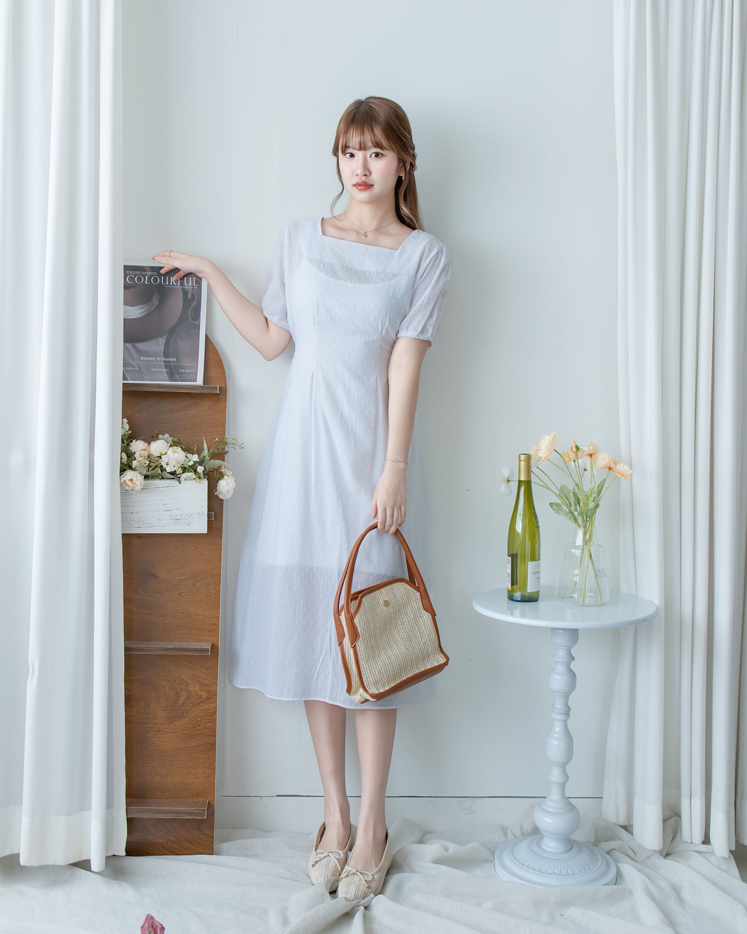 （附送打底裙）Dot Dress 暗條紋棉質方領點紋顯瘦腰線連身裙/ DS1146