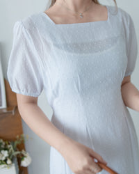 （附送打底裙）Dot Dress 暗條紋棉質方領點紋顯瘦腰線連身裙/ DS1146