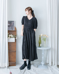 V Fine Belt Dress 法式暗條紋防皺V領拼接裙擺連衣裙/ DS1152