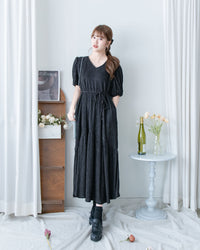 V Fine Belt Dress 法式暗條紋防皺V領拼接裙擺連衣裙/ DS1152