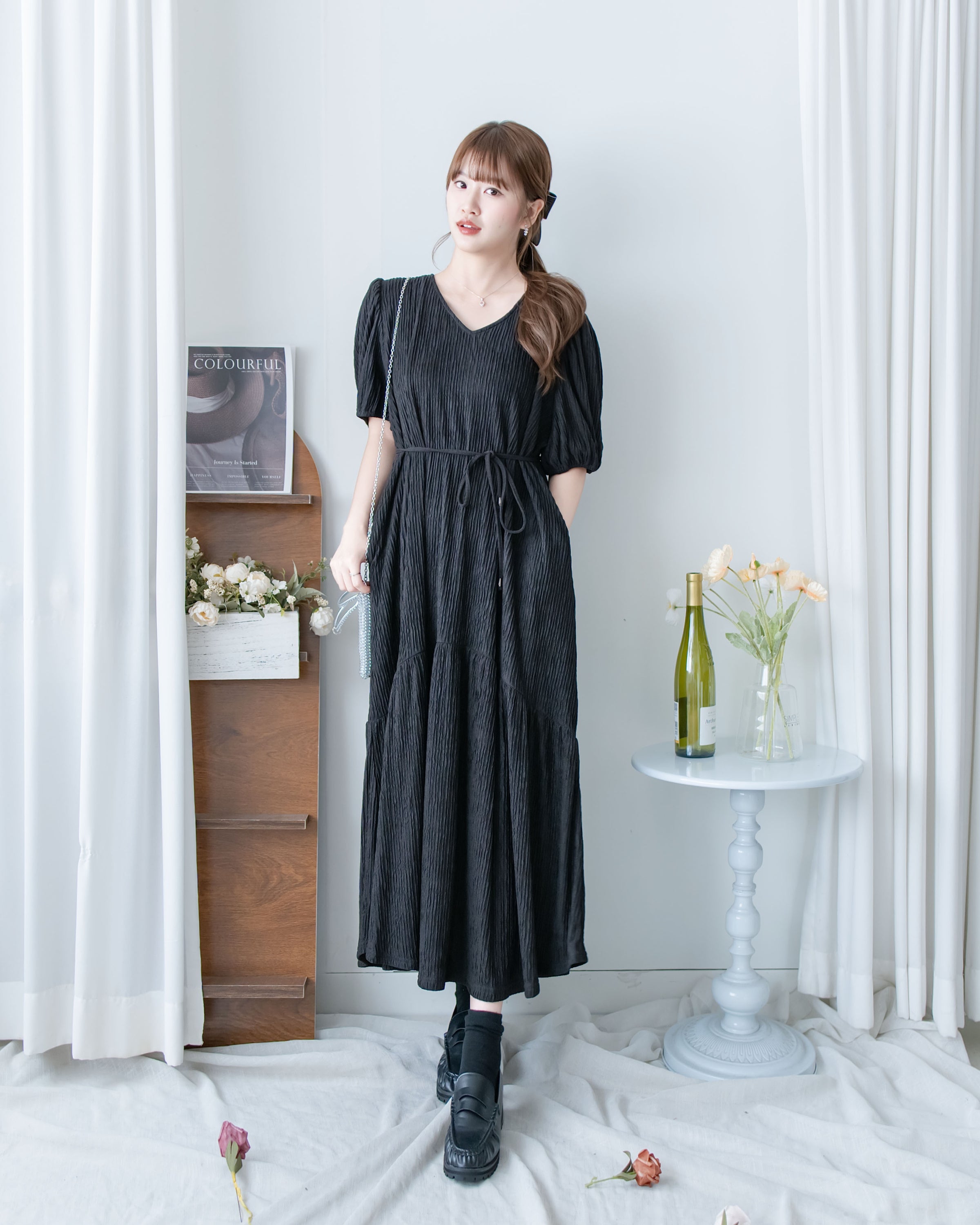 V Fine Belt Dress 法式暗條紋防皺V領拼接裙擺連衣裙/ DS1152
