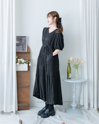 V Fine Belt Dress 法式暗條紋防皺V領拼接裙擺連衣裙/ DS1152