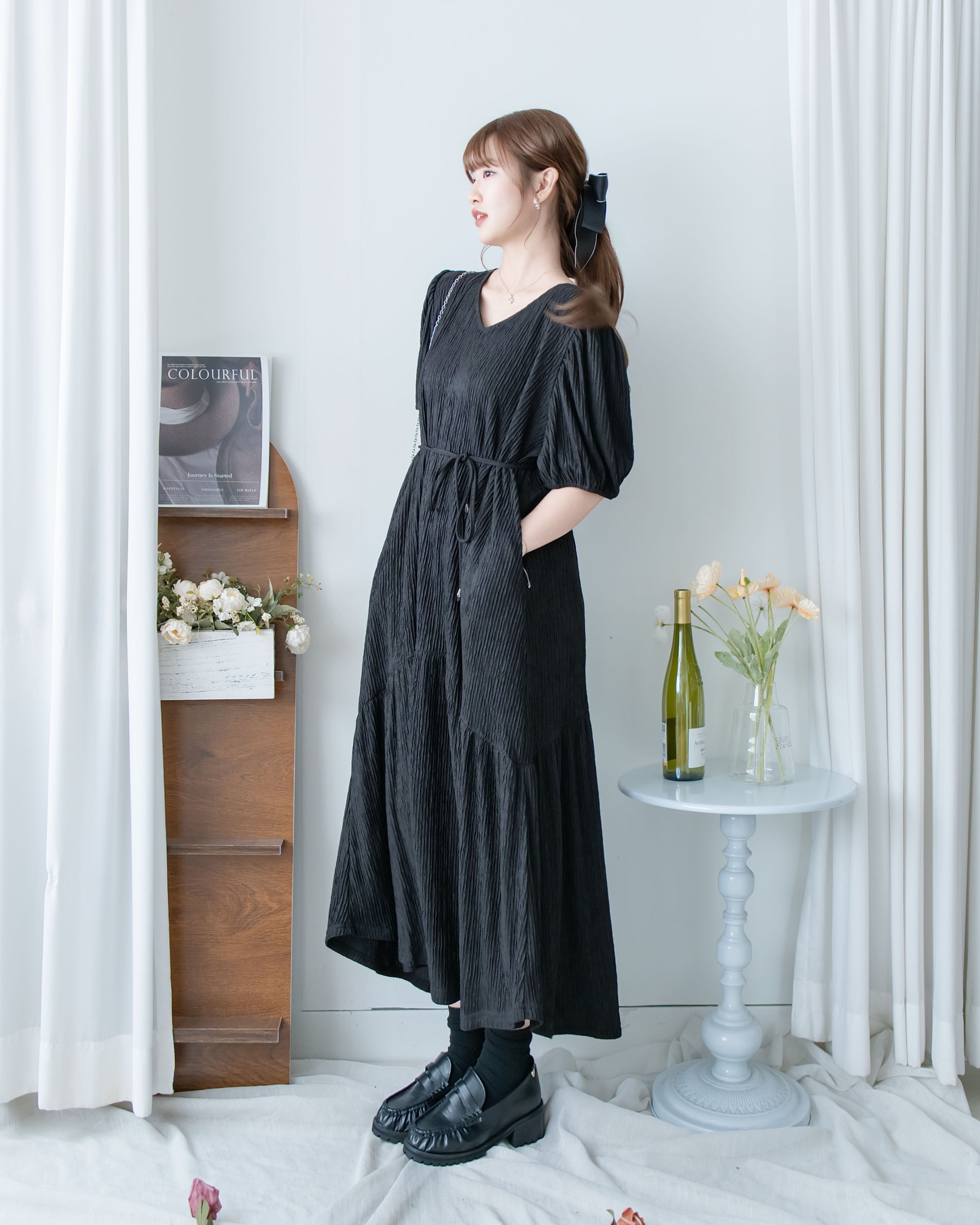 V Fine Belt Dress 法式暗條紋防皺V領拼接裙擺連衣裙/ DS1152