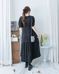 V Fine Belt Dress 法式暗條紋防皺V領拼接裙擺連衣裙/ DS1152